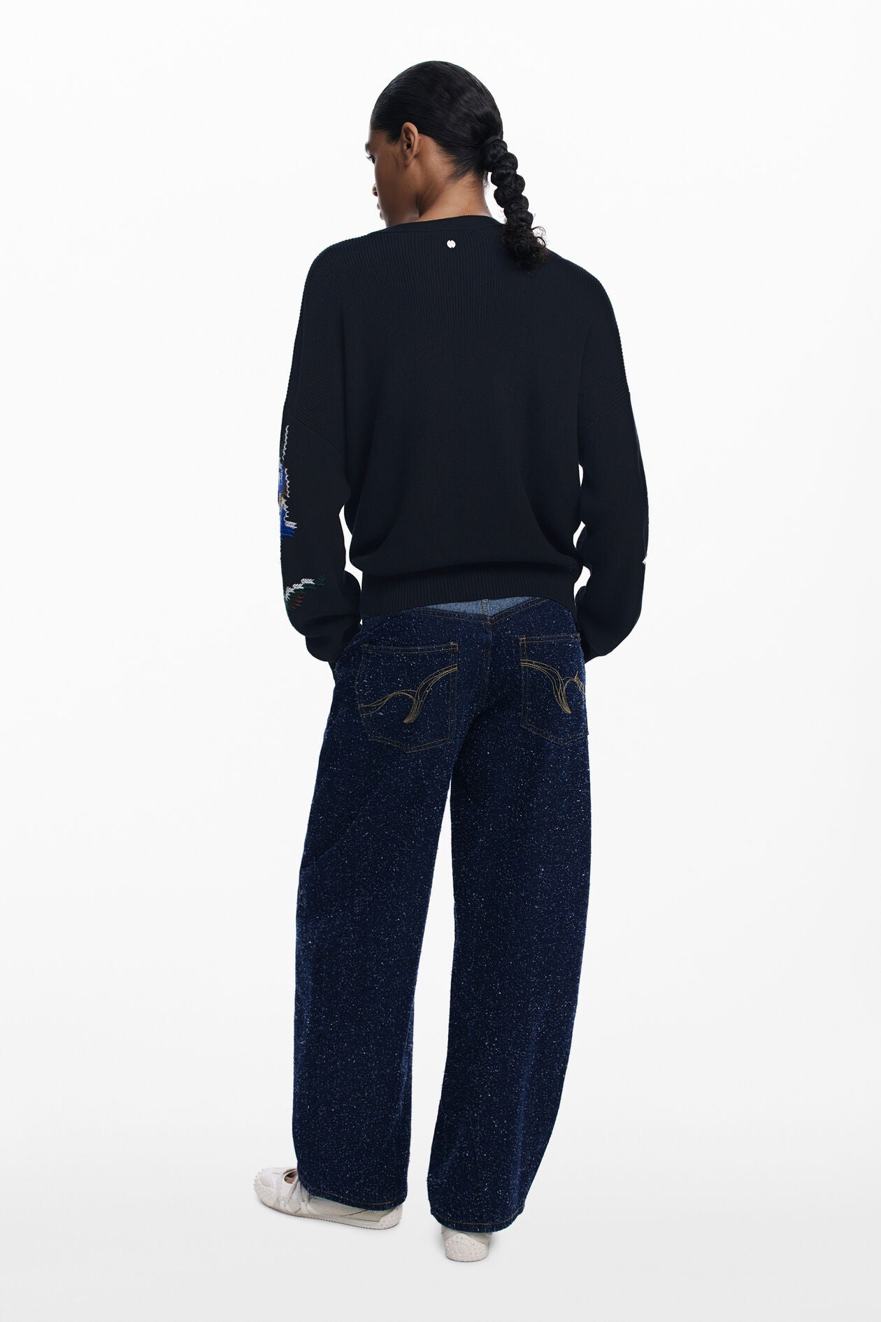 Jacquard Sweater with Embroidered Flowers