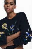 Jacquard Sweater with Embroidered Flowers