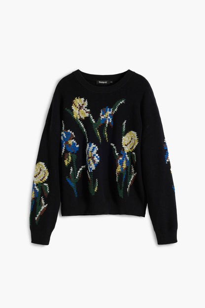 Jacquard Sweater with Embroidered Flowers