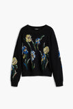Jacquard Sweater with Embroidered Flowers