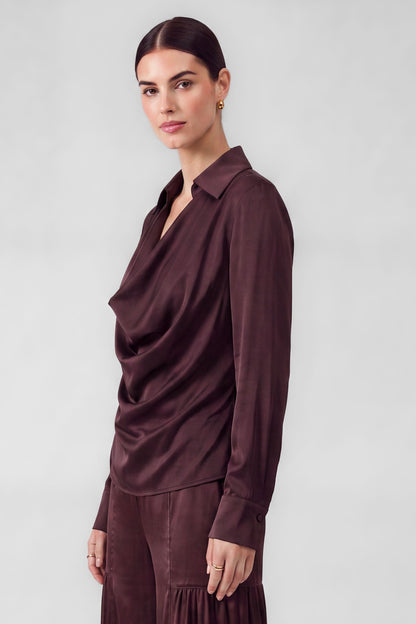 Cowl Neck Collared Blouse Cherry Lacquer