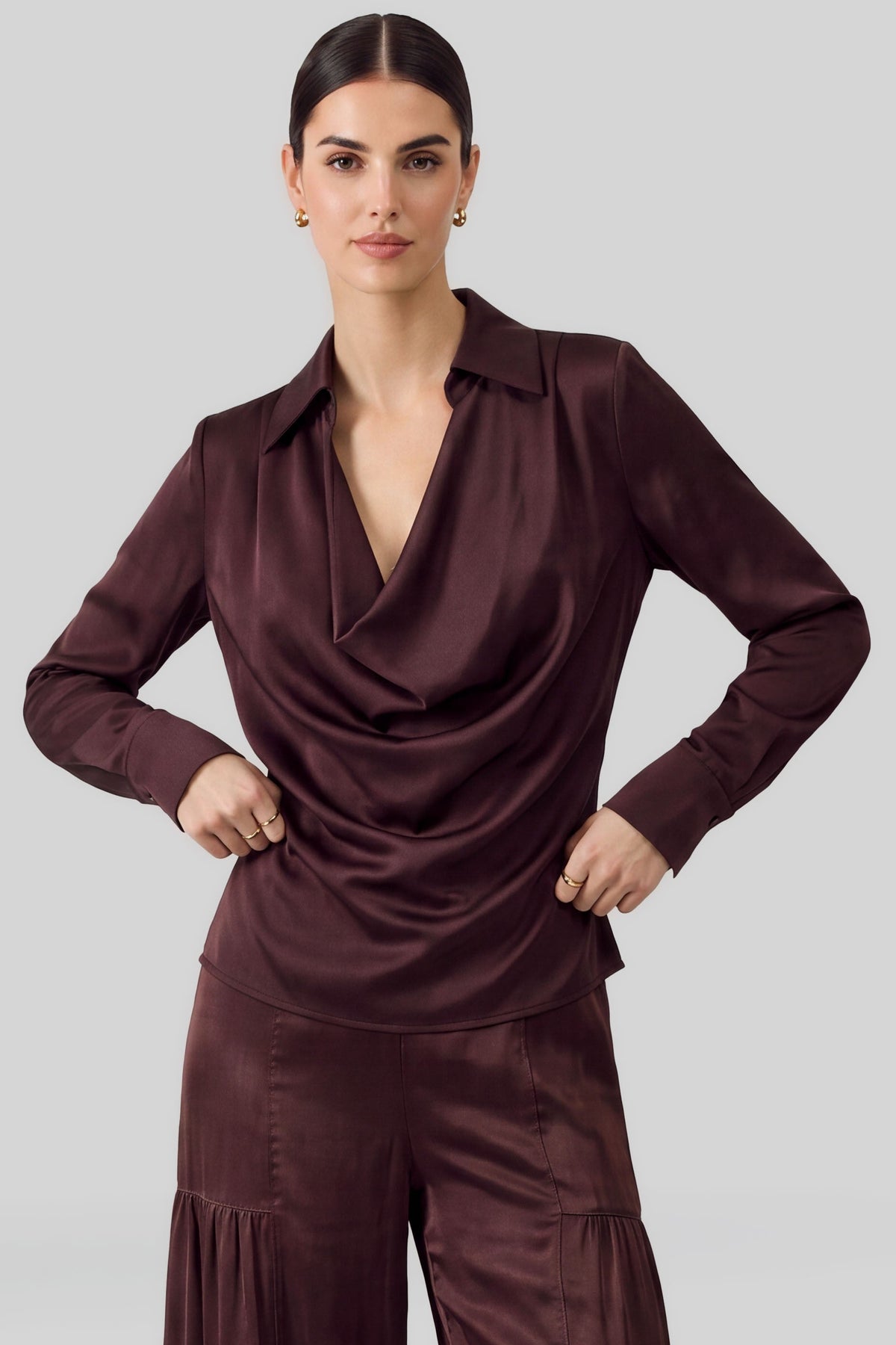 Cowl Neck Collared Blouse Cherry Lacquer