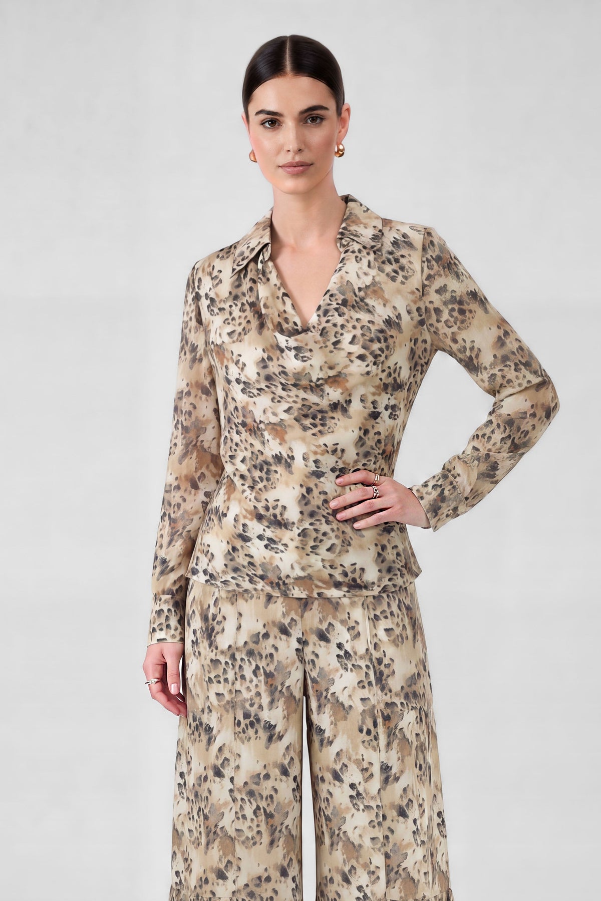 Leopard Cowl Neck Collared Blouse