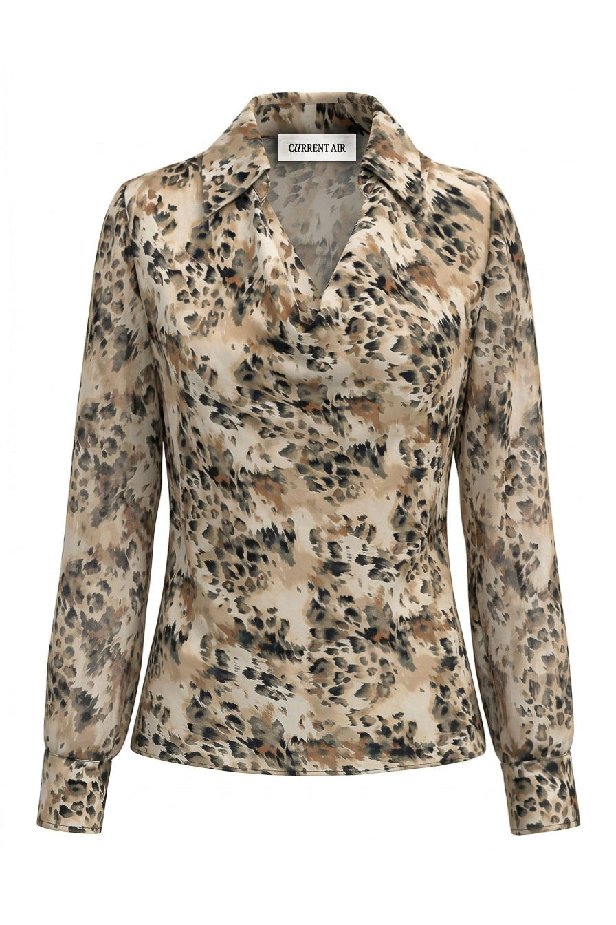 Leopard Cowl Neck Collared Blouse