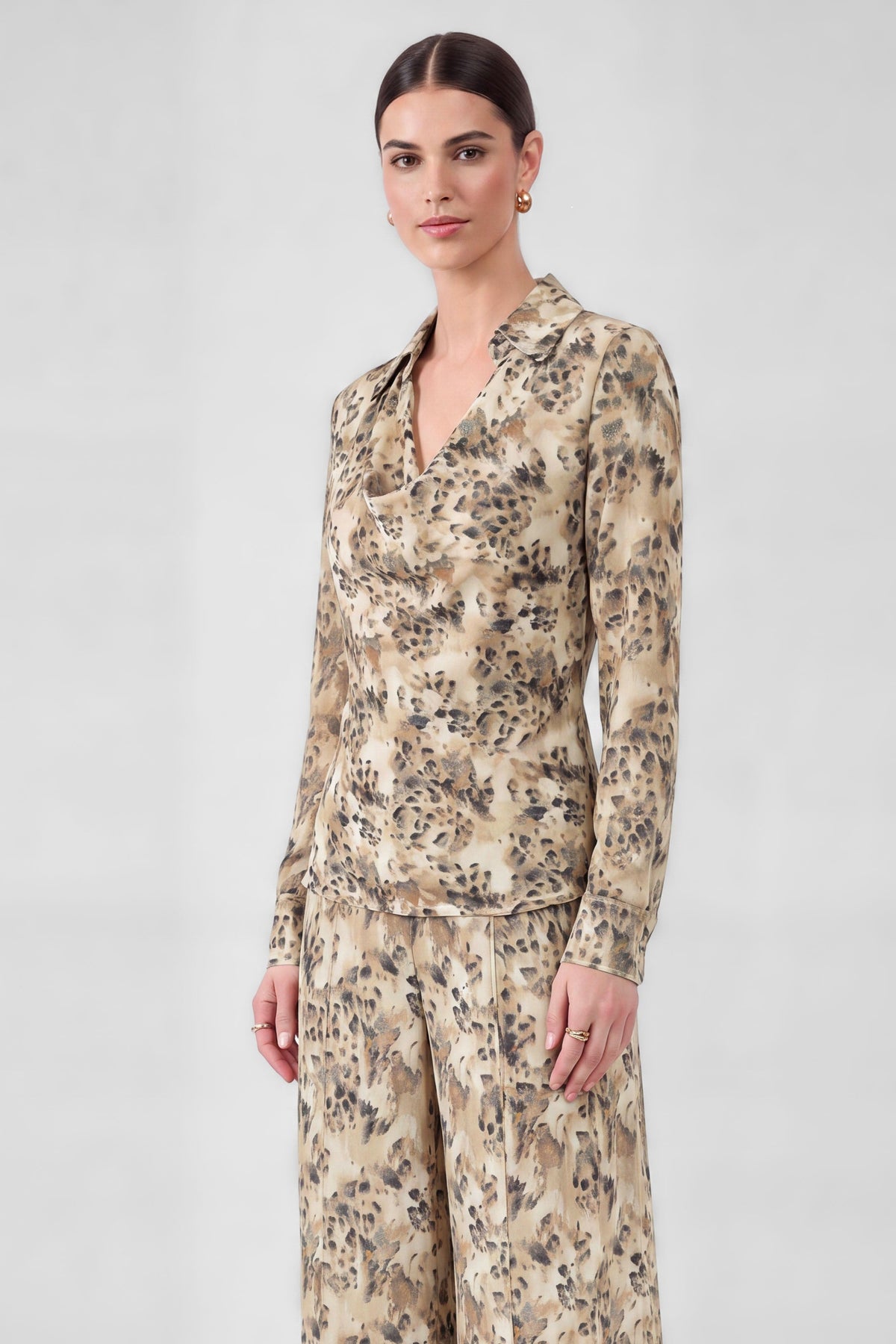 Leopard Cowl Neck Collared Blouse