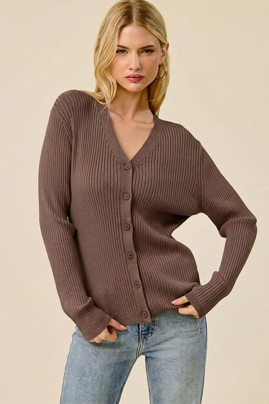 Ribbed V-Neck Button-Down Cardigan