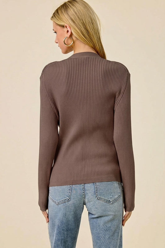 Ribbed V-Neck Button-Down Cardigan