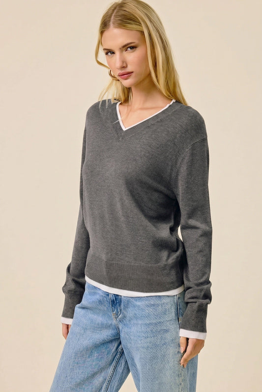 Contrast Trim V-Neck Sweater