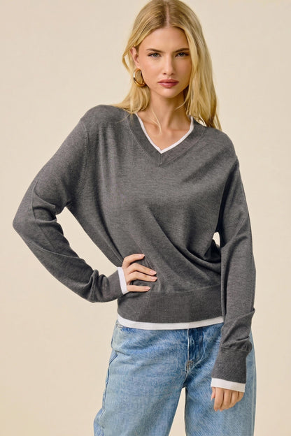 Contrast Trim V-Neck Sweater