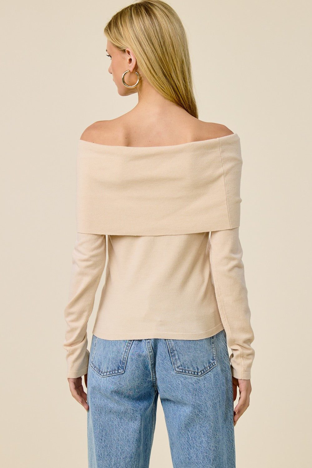 Fold Over Long Sleeve Top Beige