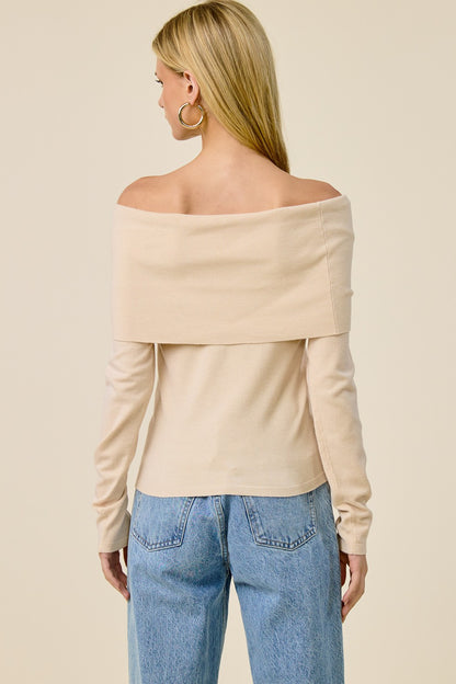 Fold Over Long Sleeve Top Beige