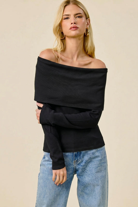 Fold Over Long Sleeve Top Black
