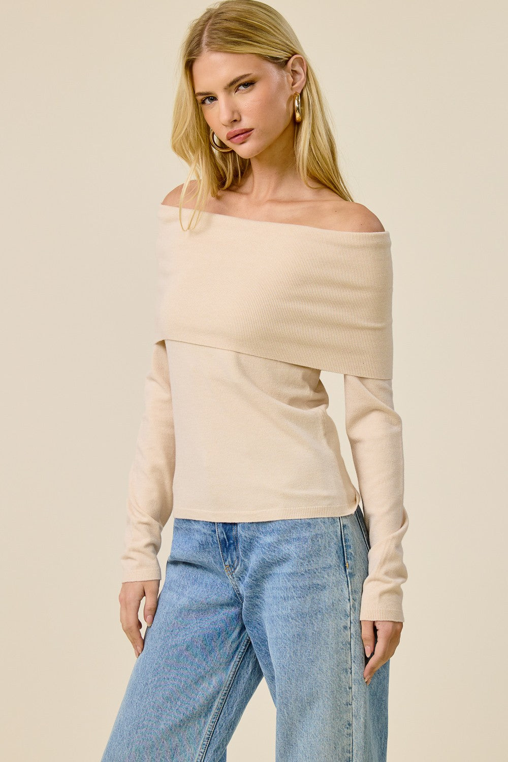 Fold Over Long Sleeve Top Beige