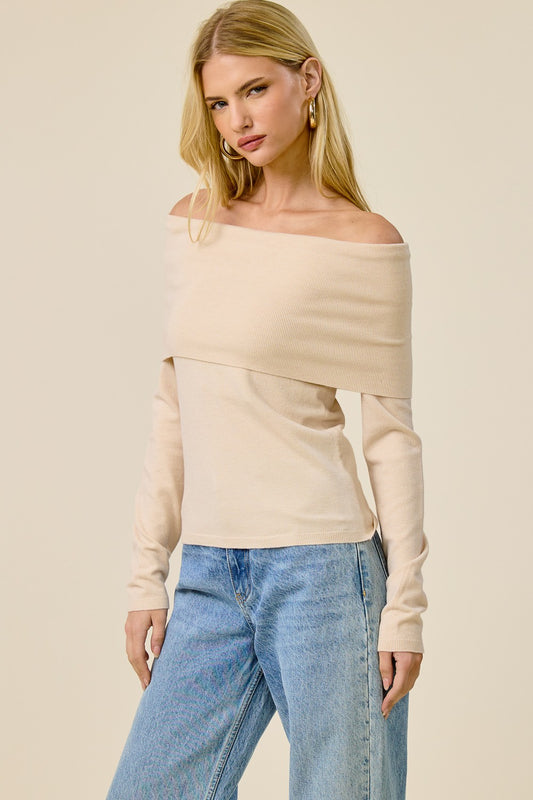 Fold Over Long Sleeve Top Beige