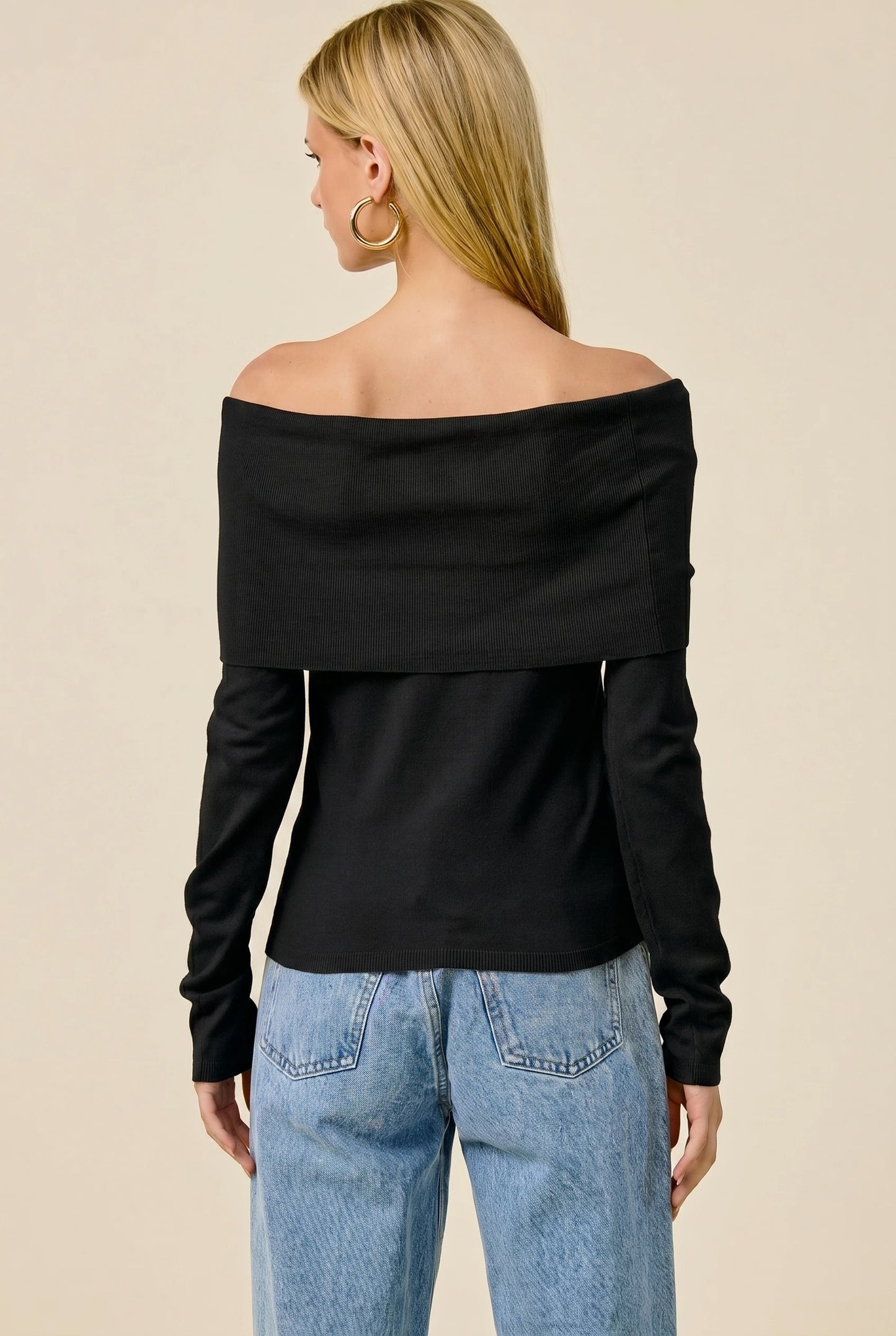 Fold Over Long Sleeve Top Black