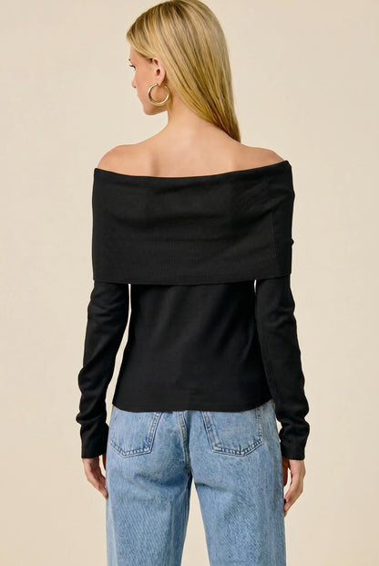 Fold Over Long Sleeve Top Black