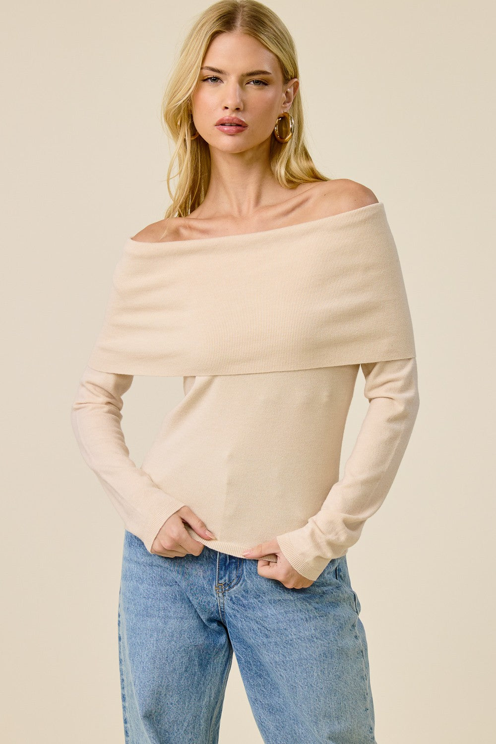 Fold Over Long Sleeve Top Beige