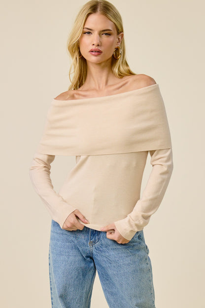 Fold Over Long Sleeve Top Beige