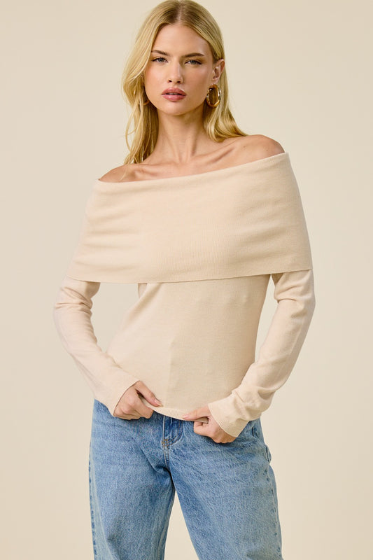 Fold Over Long Sleeve Top Beige