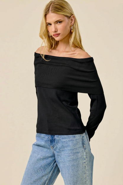 Fold Over Long Sleeve Top Black