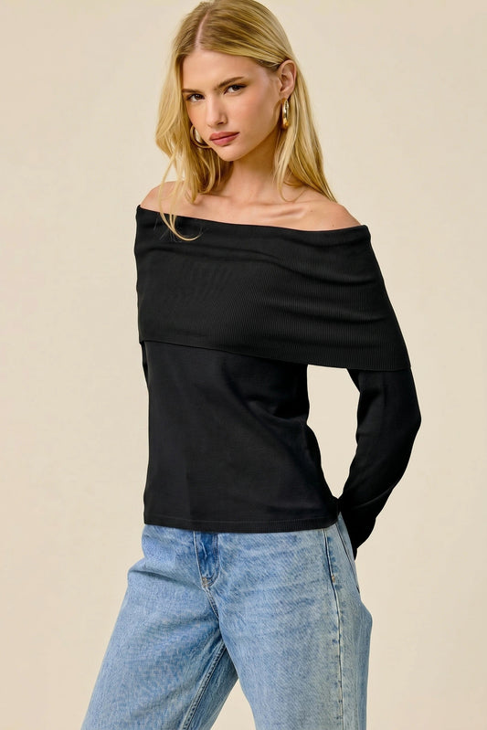 Fold Over Long Sleeve Top Black