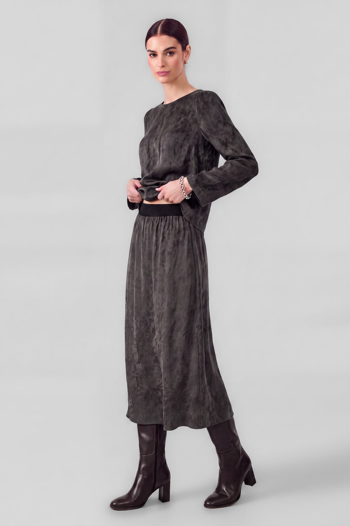 Metallic Flare Midi Skirt