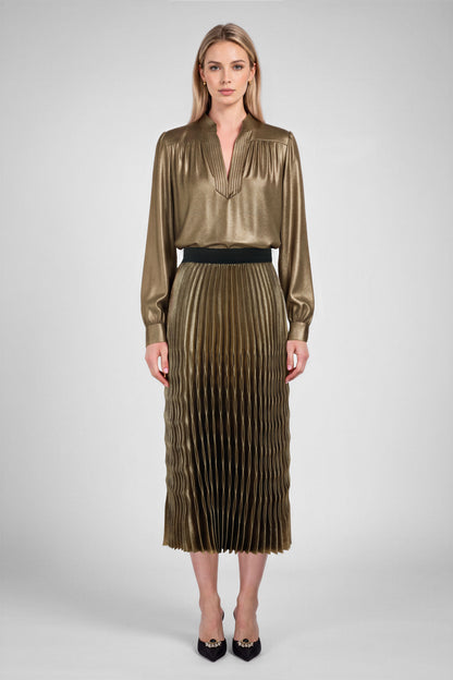 Metallic Pleated Midi Skirt