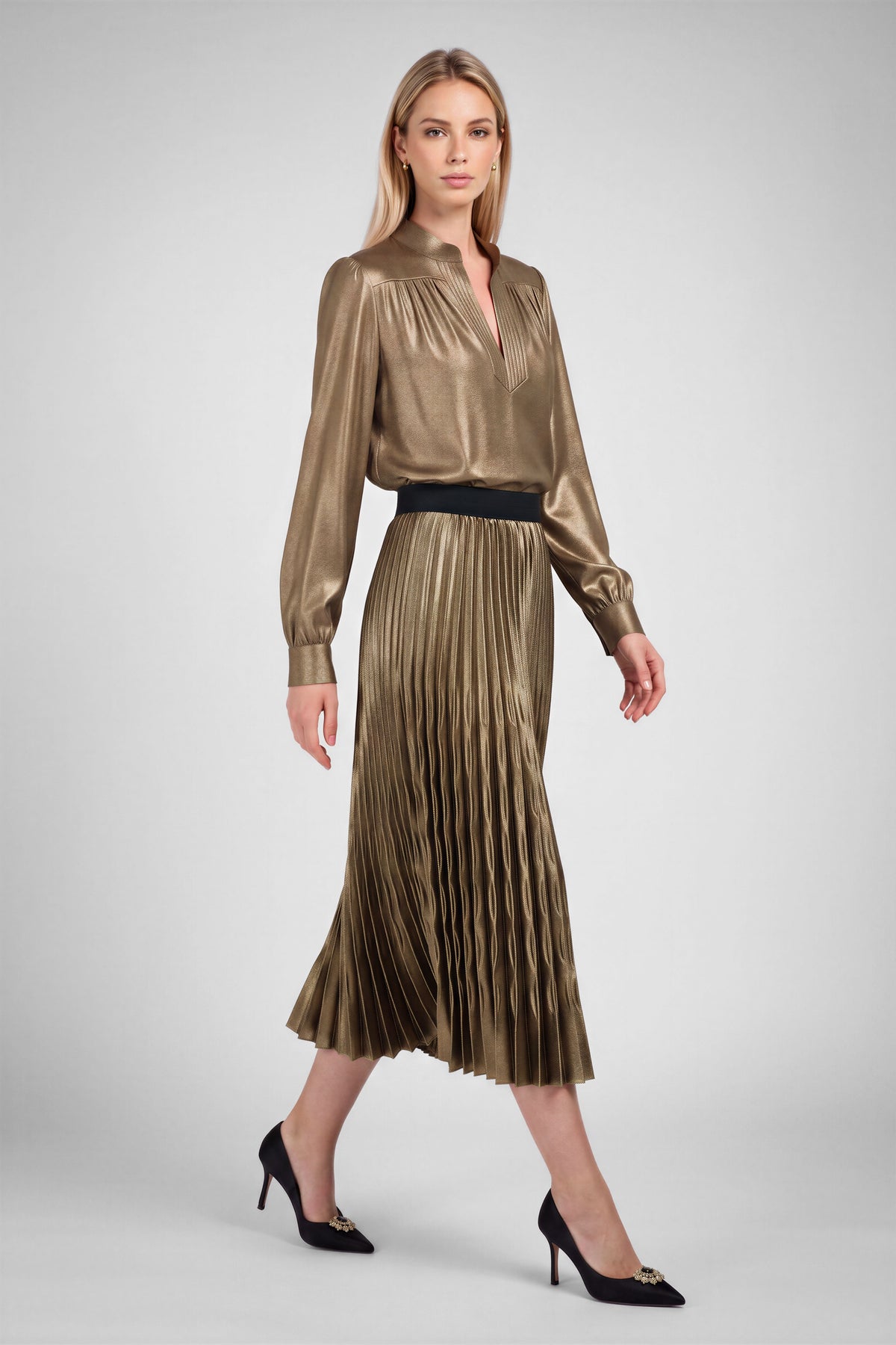 Metallic Pleated Midi Skirt
