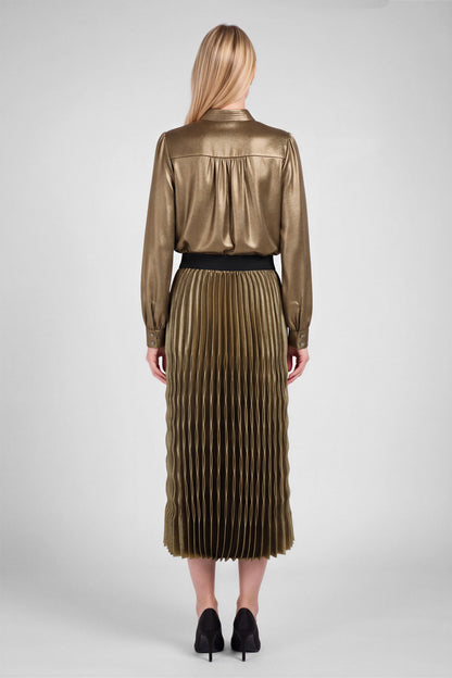 Metallic Pleated Midi Skirt