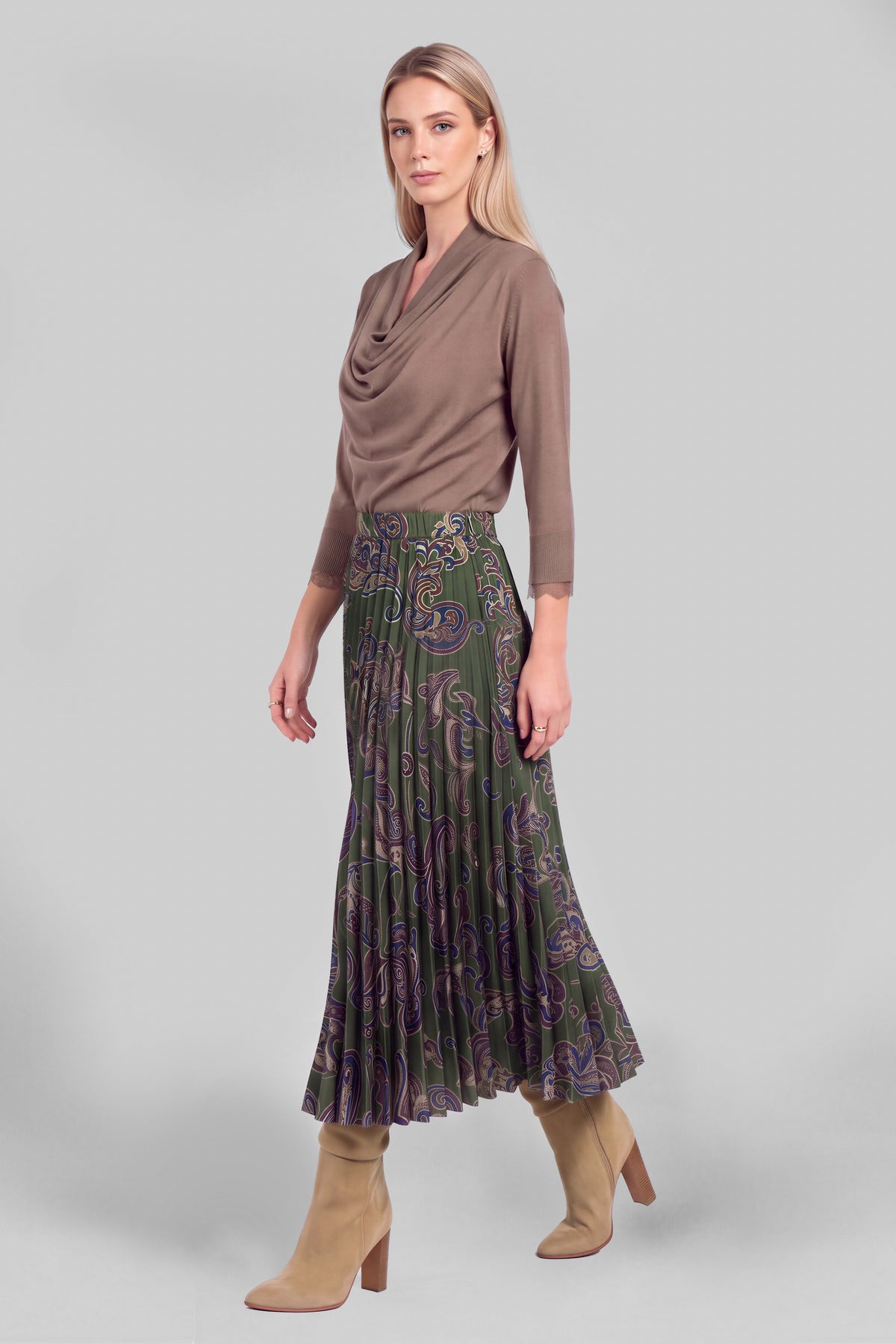 Paisley Pleated Midi Skirt