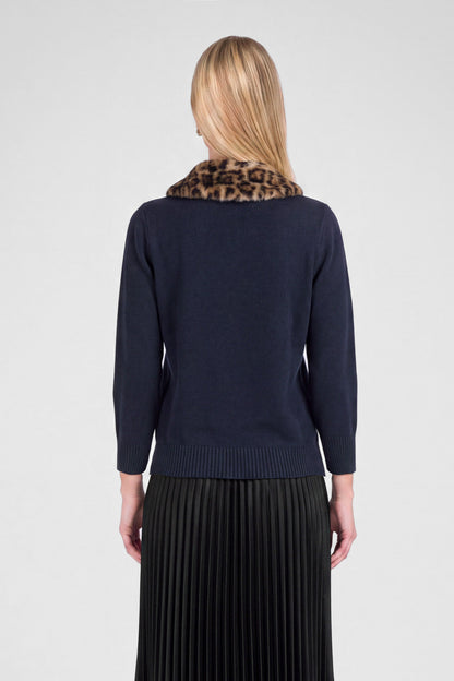 Leopard Faux Fur Collar Cardigan