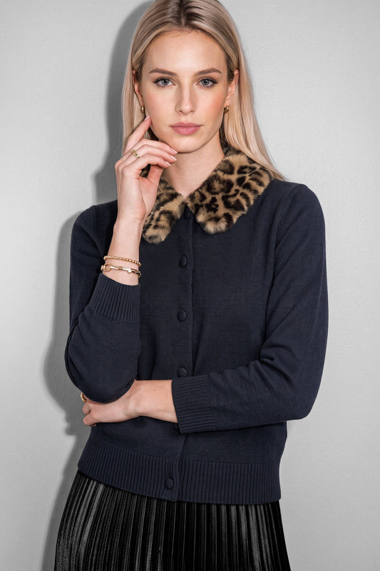 Leopard Faux Fur Collar Cardigan