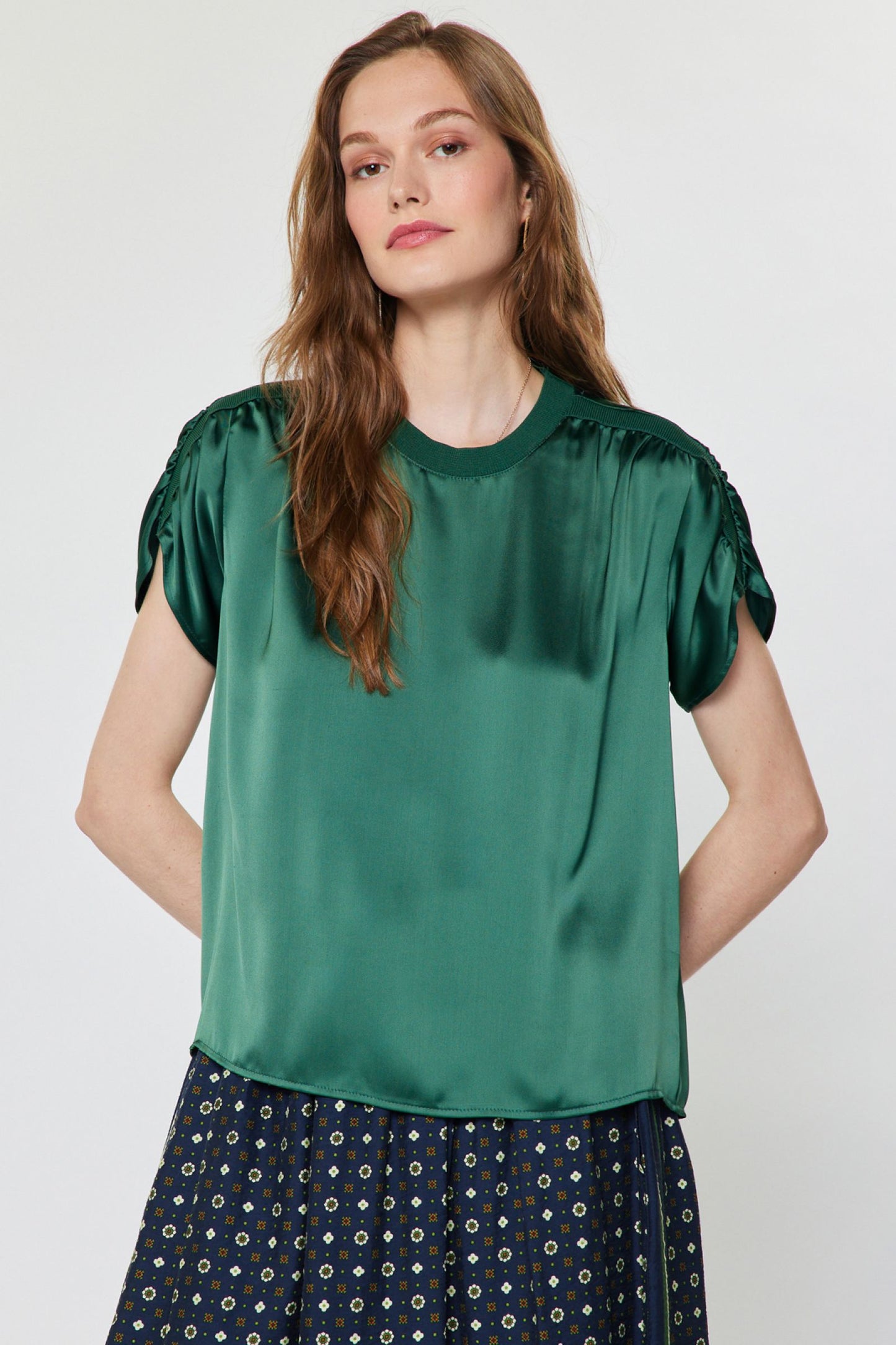 Shirred Sleeve Satin Top Cypress