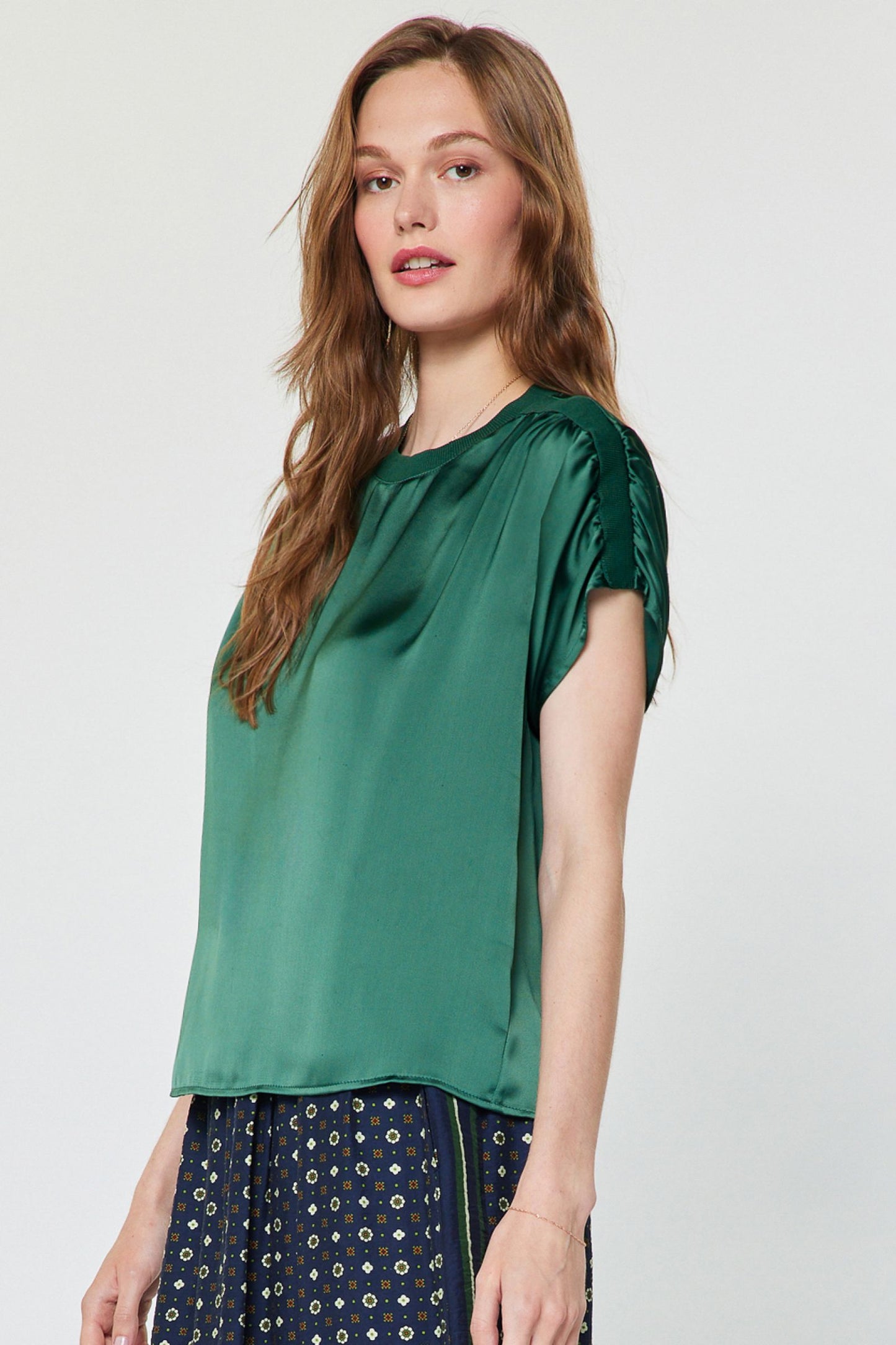 Shirred Sleeve Satin Top Cypress