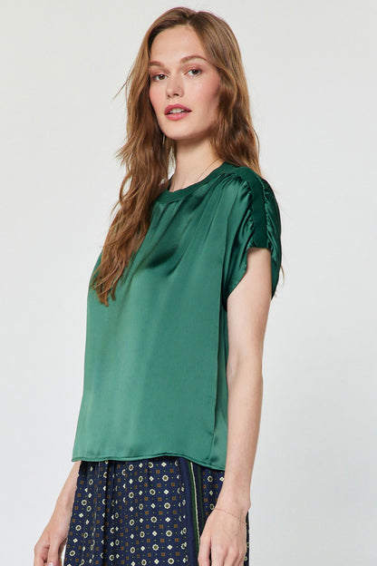 Shirred Sleeve Satin Top Cypress