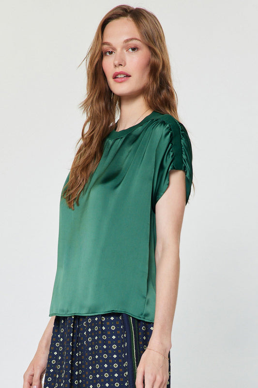 Shirred Sleeve Satin Top Cypress