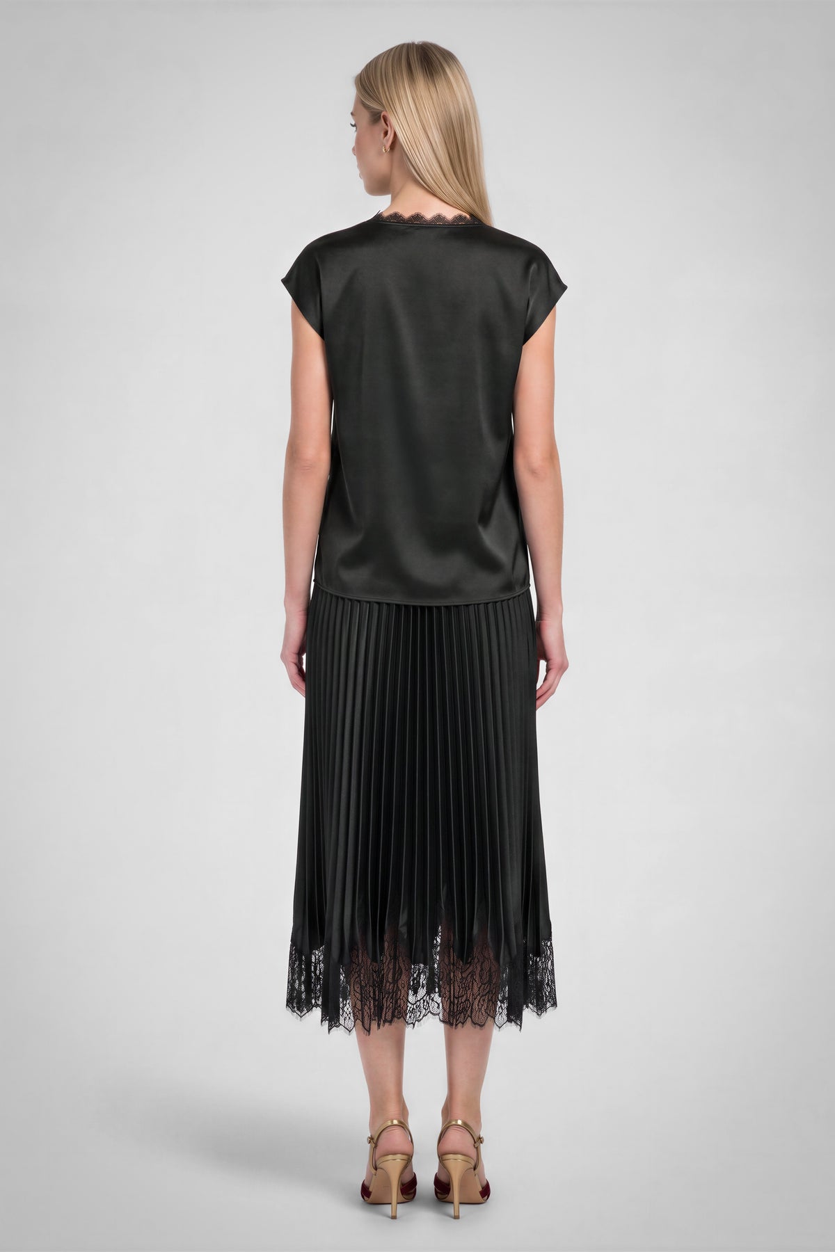 Lace V-Neck Satin Cap Sleeve Top