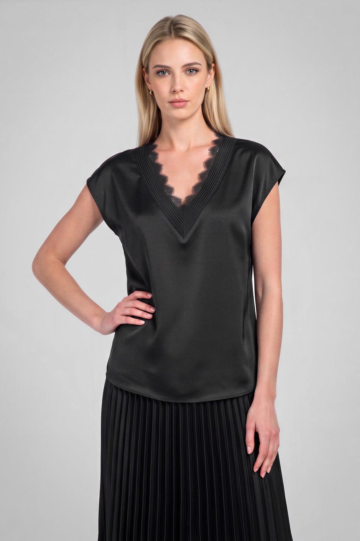 Lace V-Neck Satin Cap Sleeve Top