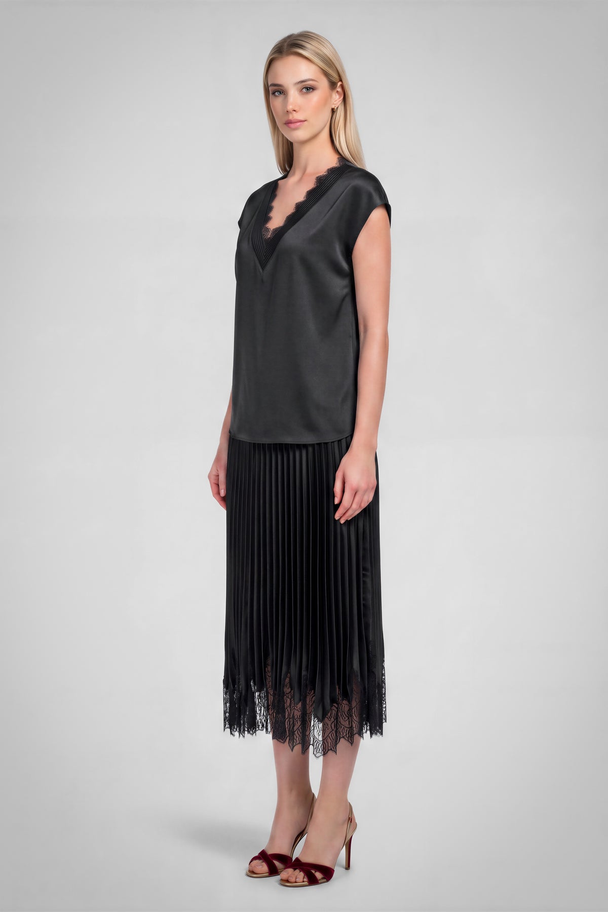 Lace V-Neck Satin Cap Sleeve Top