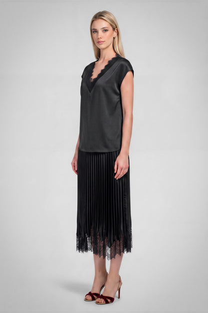 Lace V-Neck Satin Cap Sleeve Top