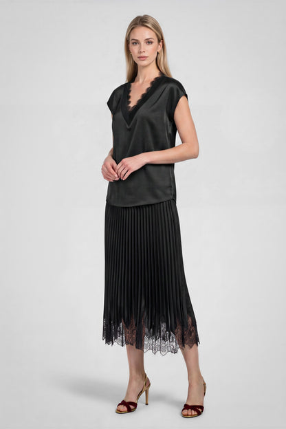 Lace V-Neck Satin Cap Sleeve Top