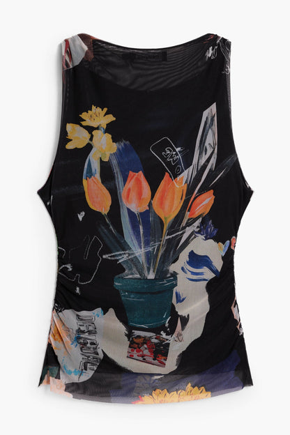 Mesh Flower Print Sleeveless Top