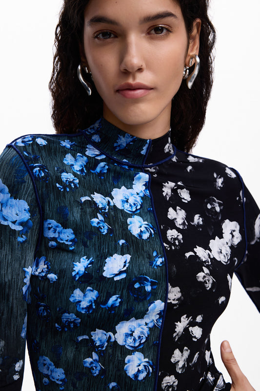 Bicolor Floral Mock Neck Top