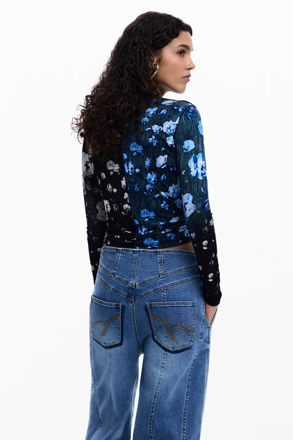 Bicolor Floral Mock Neck Top