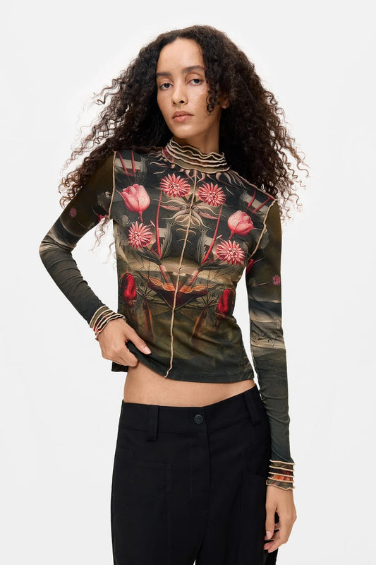 High Neck Fine Knit Printed Top