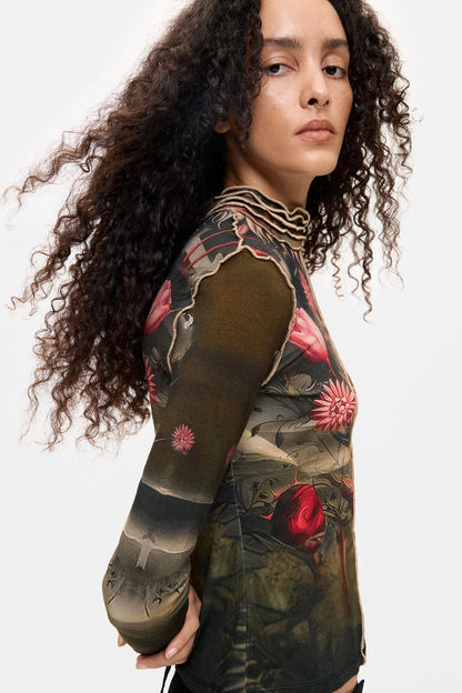 High Neck Fine Knit Printed Top