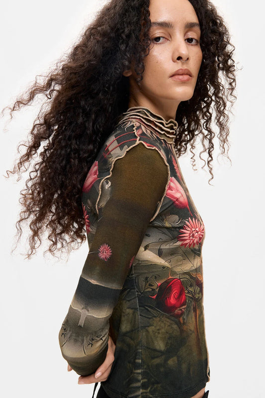 High Neck Fine Knit Printed Top