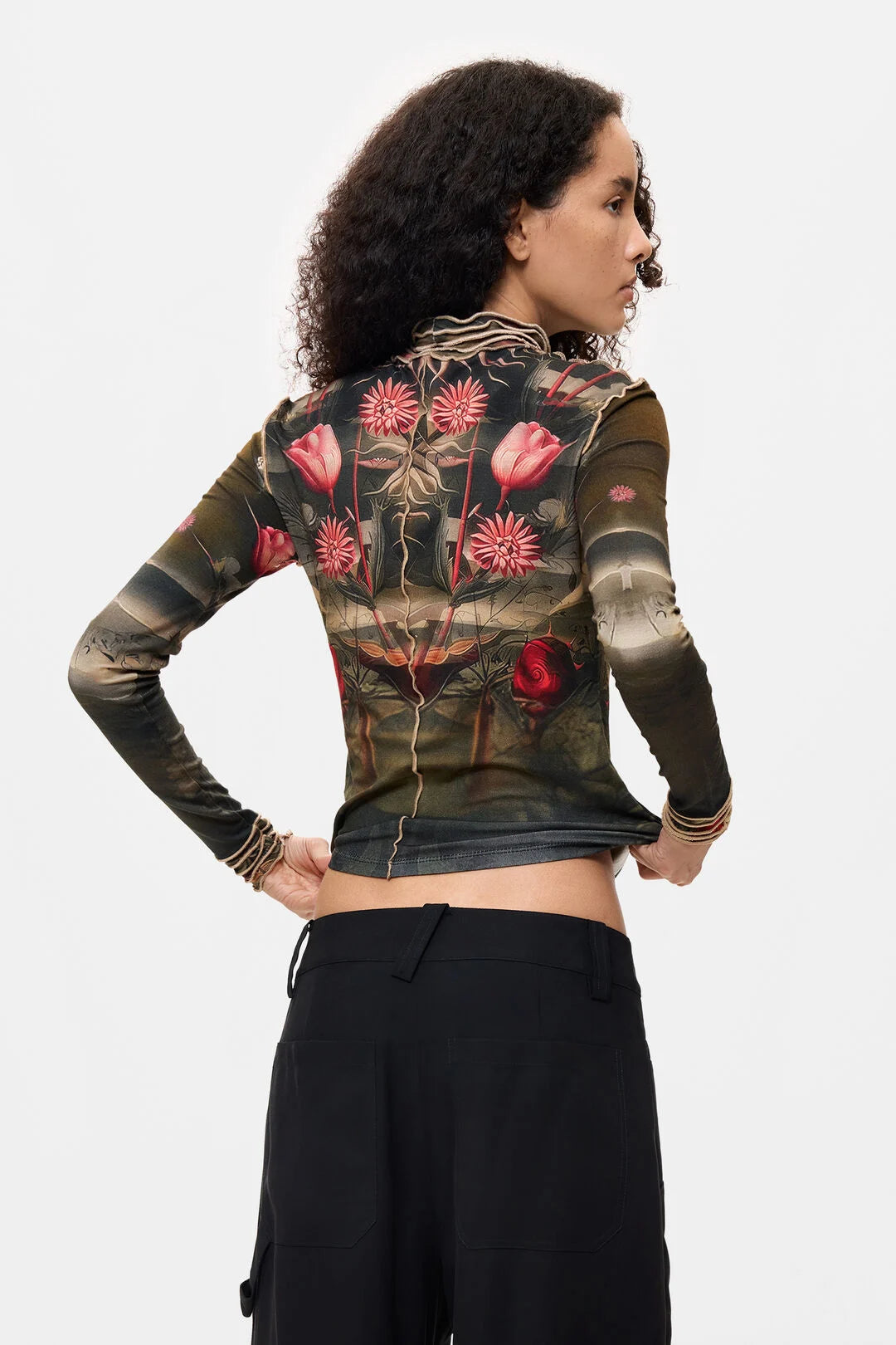 High Neck Fine Knit Printed Top