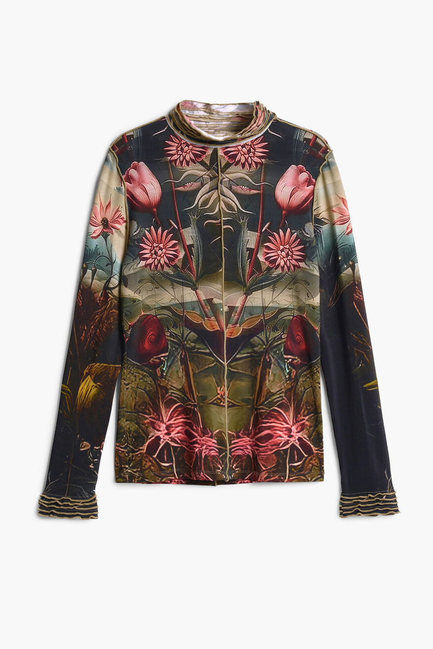 High Neck Fine Knit Printed Top