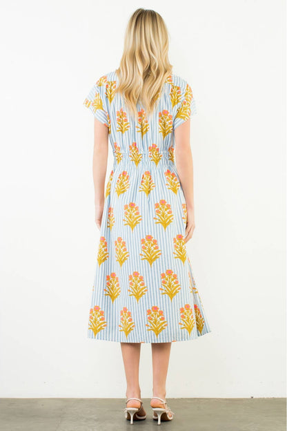 Short Sleeve Floral Striped Print Dress